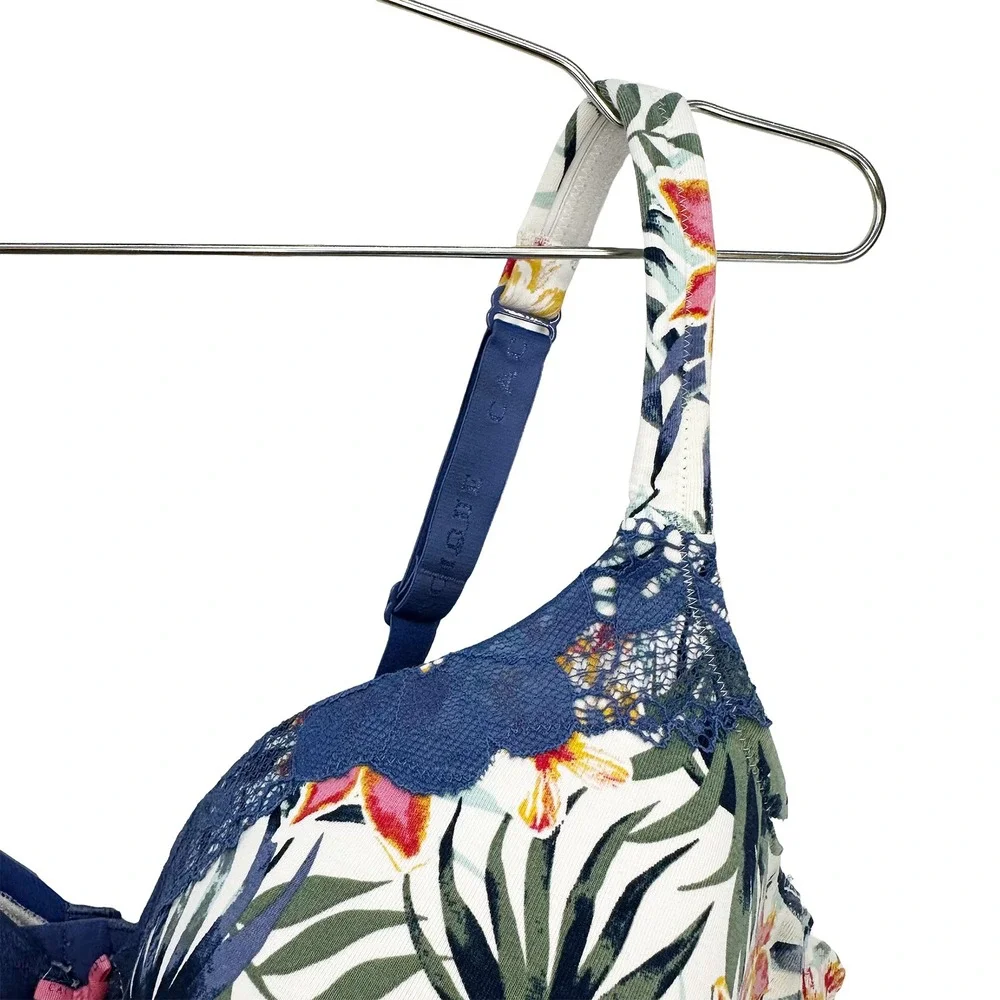 CACIQUE Tropical Floral & Lace Lightly Lined T-shirt Bra • 42DD white blue pink